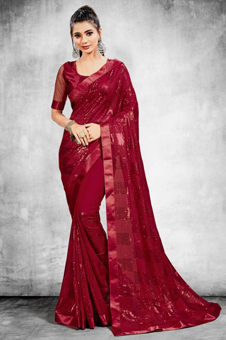 Georgette Fabric Fancy Wedding Wear Saree In Maroon Color