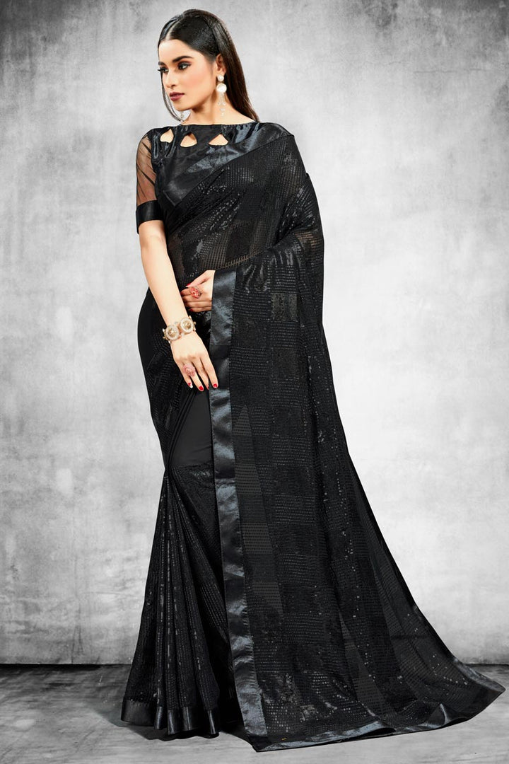 Georgette Fabric Black Color Trendy Wedding Wear Saree