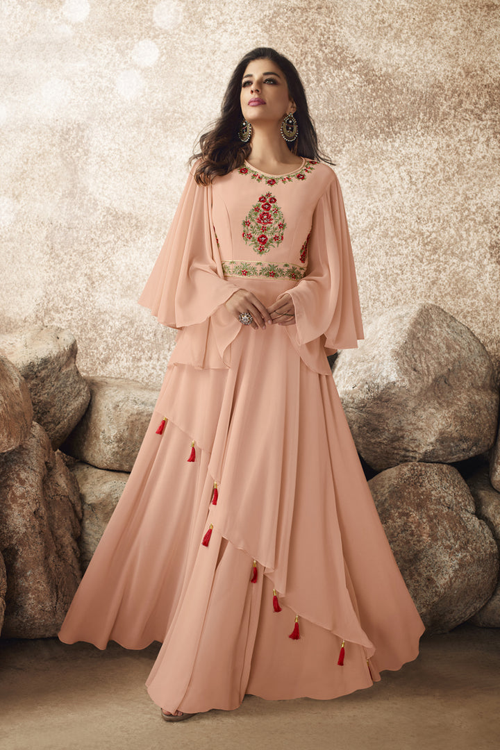 Designer Peach Color Party Style Embroidery Work Georgette Fabric Readymade Gown