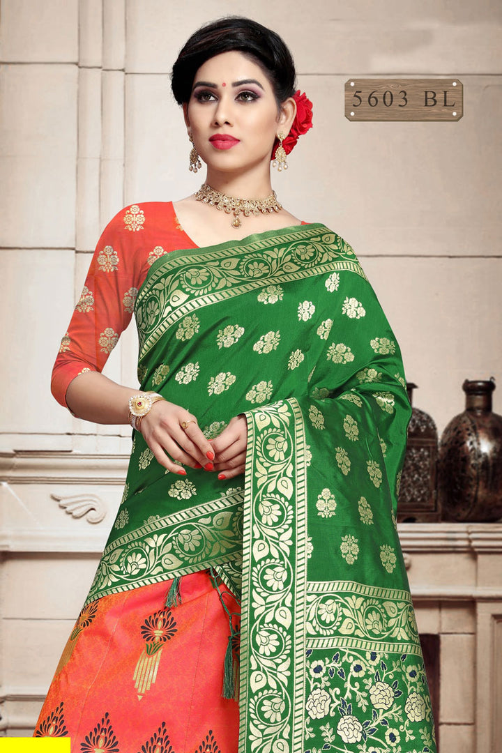 Weaving Work Salmon Color Wedding Lehenga In Art Silk Fabric With Designer Choli