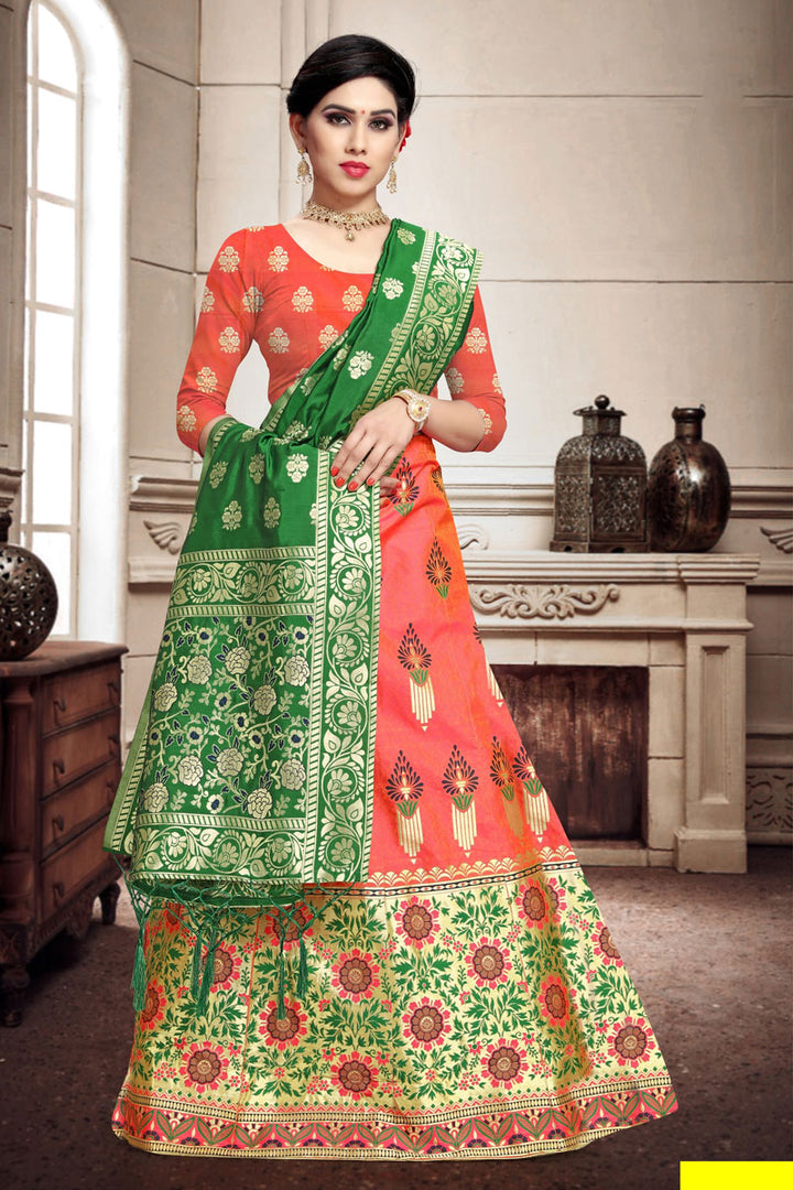 Weaving Work Salmon Color Wedding Lehenga In Art Silk Fabric With Designer Choli
