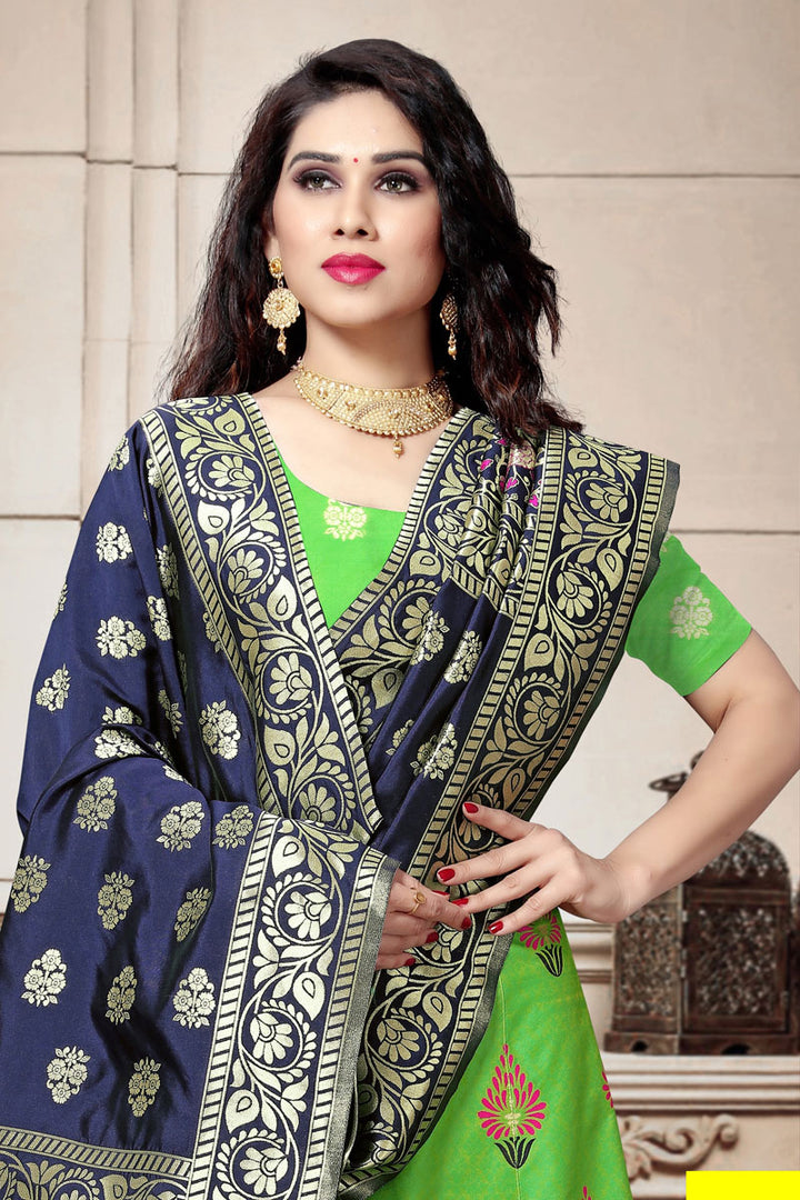Green Color Art Silk Fabric Reception Wear Lehenga Choli With Weaving Work