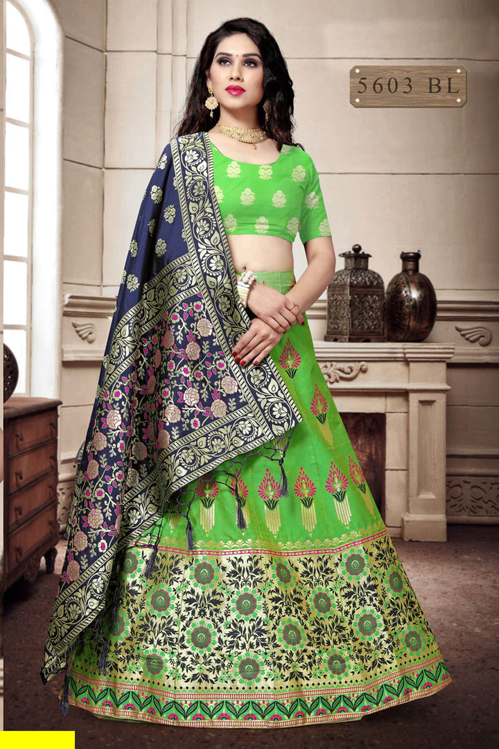 Green Color Art Silk Fabric Reception Wear Lehenga Choli With Weaving Work