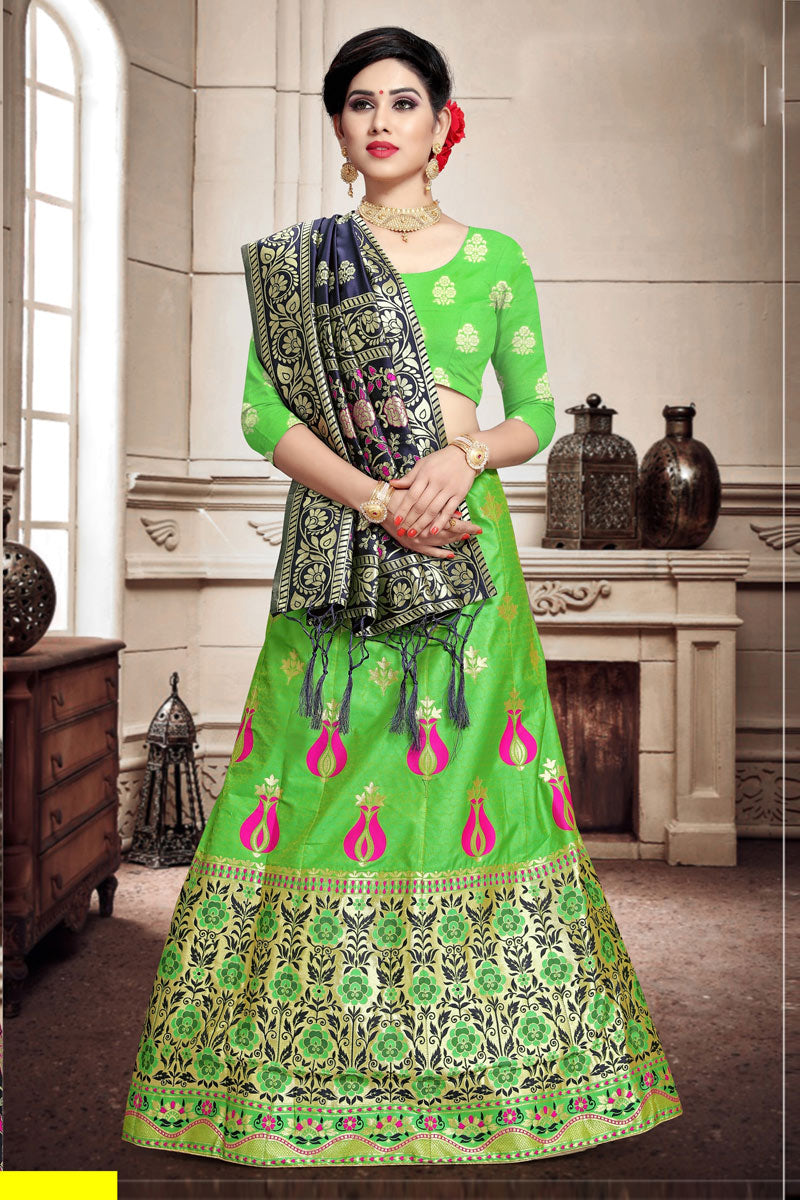 Weaving Work Art Silk Fabric Sangeet Wear Lehenga In Green Color With Ravishing Blouse