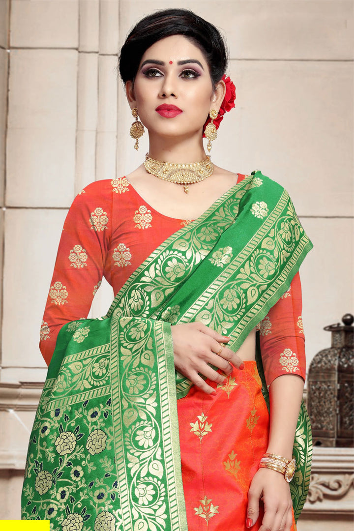 Weaving Work Occasion Wear Lehenga In Salmon Color Art Silk Fabric
