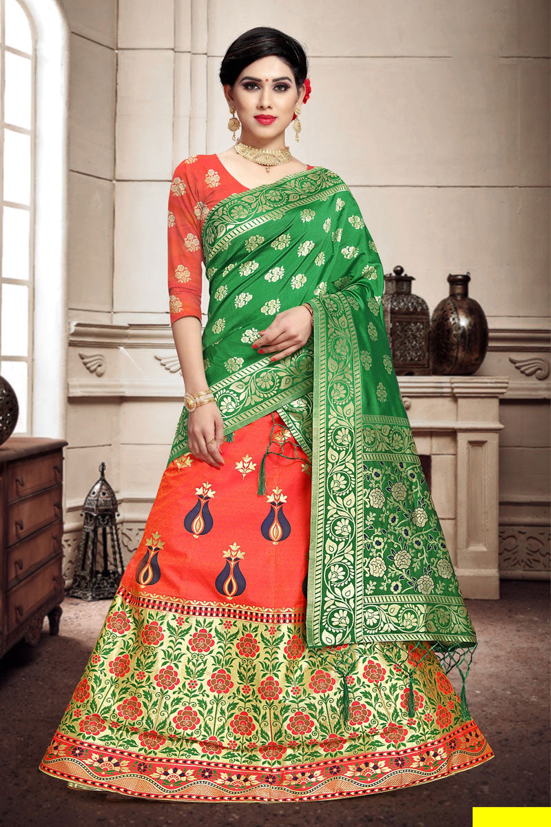 Weaving Work Occasion Wear Lehenga In Salmon Color Art Silk Fabric