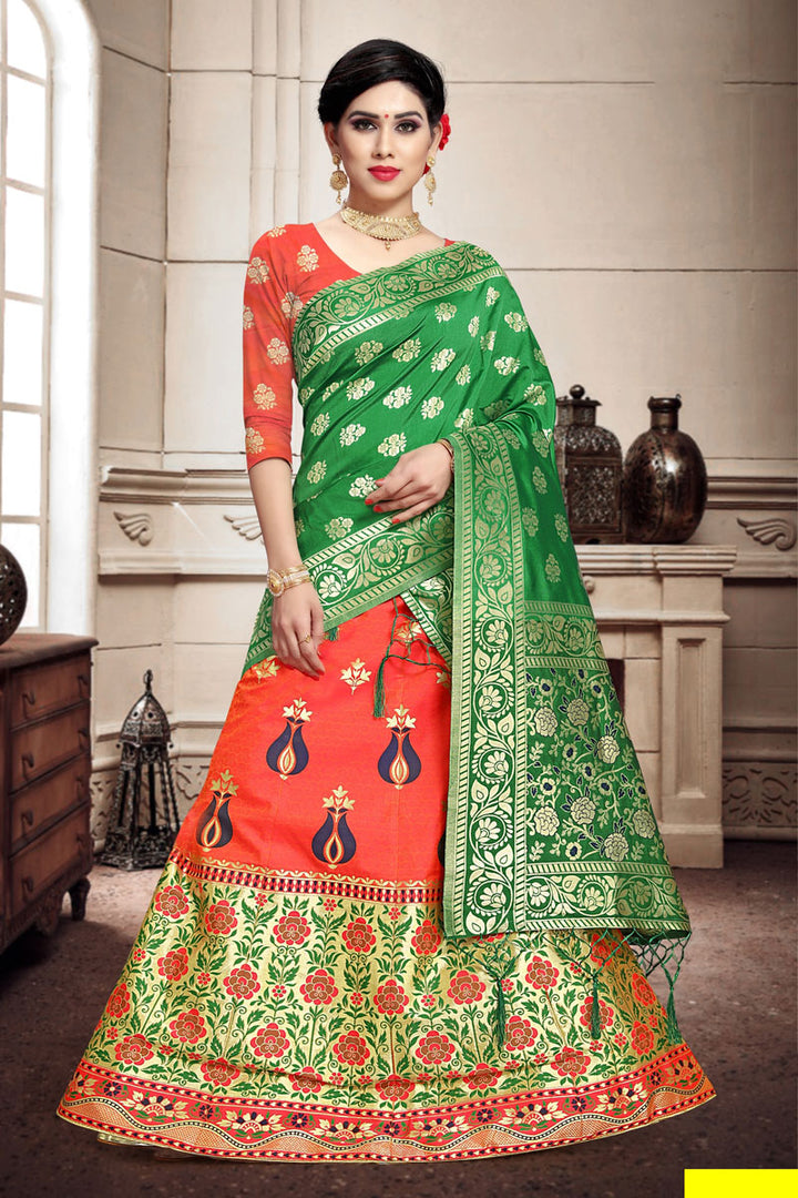 Weaving Work Occasion Wear Lehenga In Salmon Color Art Silk Fabric