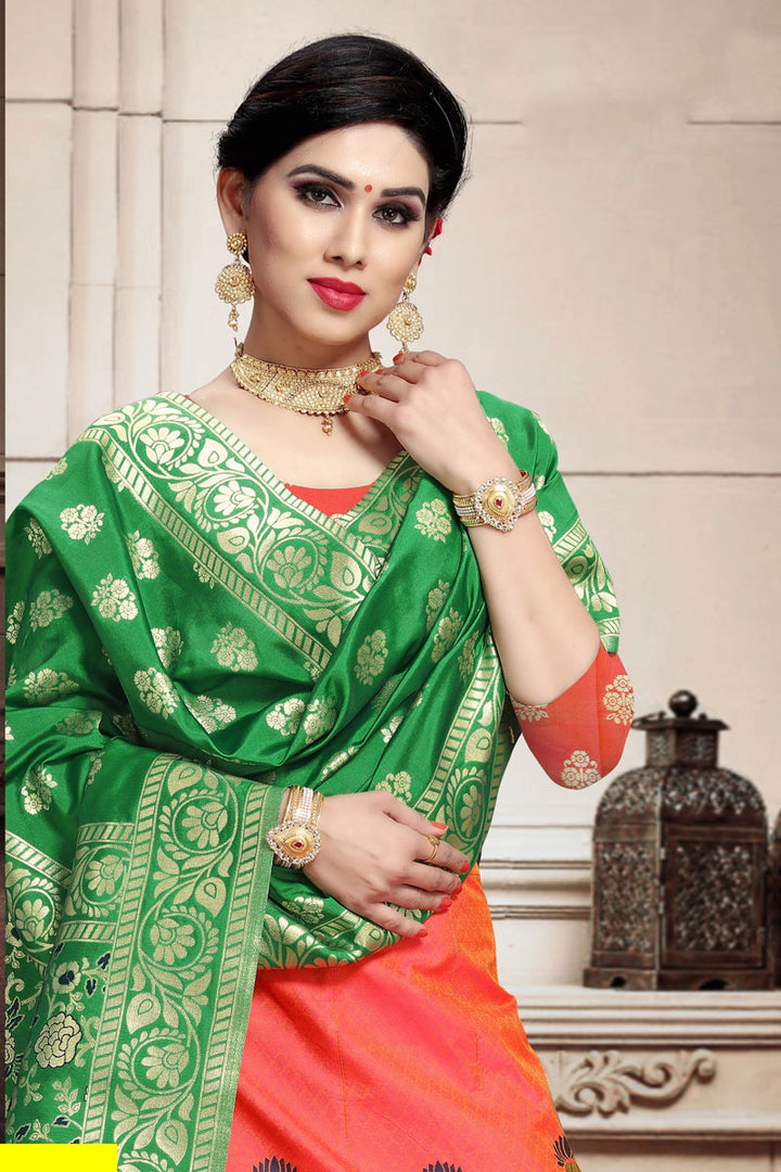 Weaving Work Salmon Color Wedding Wear Lehenga In Art Silk Fabric With Designer Choli