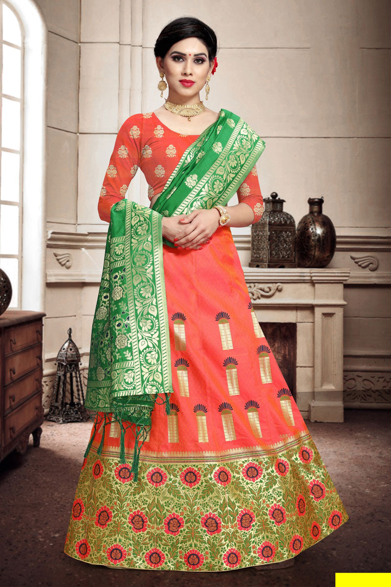 Weaving Work Salmon Color Wedding Wear Lehenga In Art Silk Fabric With Designer Choli