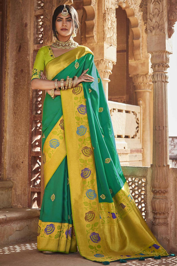Festive Wear Art Silk Weaving Work Saree In Green Color