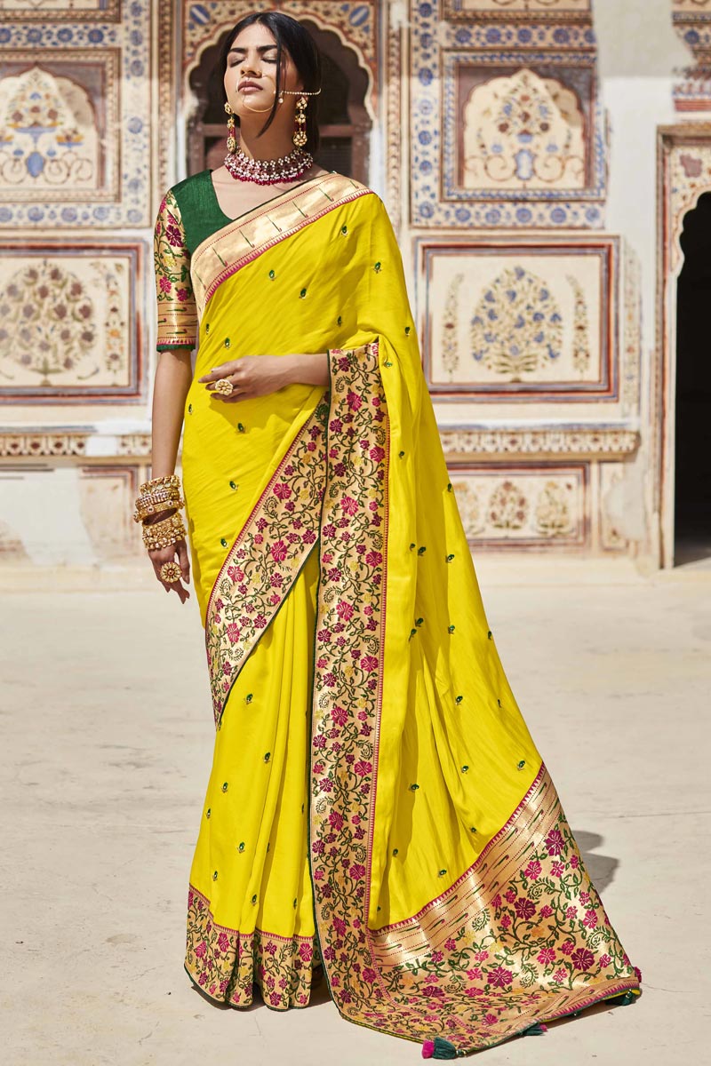 Yellow Color Art Silk Fabric Fancy Weaving Work Function Wear Saree