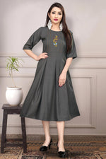 Load image into Gallery viewer, Fancy Grey Color Casual Wear Thread Embroidered Kurti In Cotton Fabric

