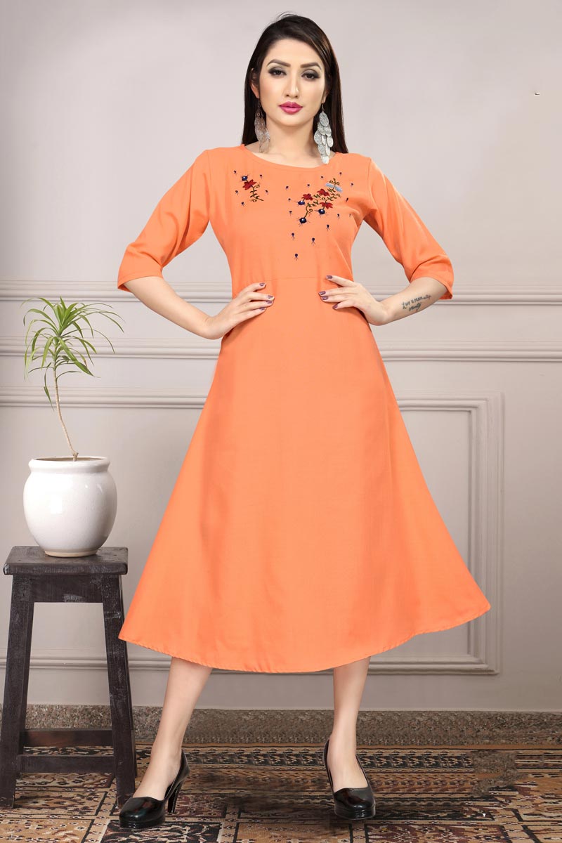 Orange Color Casual Wear Cotton Fabric Fancy Thread Embroidered Kurti