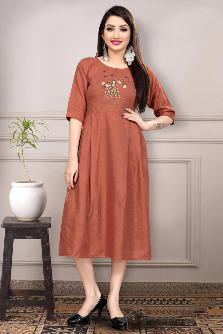 Casual Wear Fancy Rust Color Thread Embroidered Kurti In Cotton Fabric