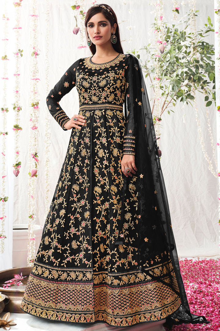 Net Fabric Sangeet Wear Amazing Vartika Sing Anarkali Suit In Black Color