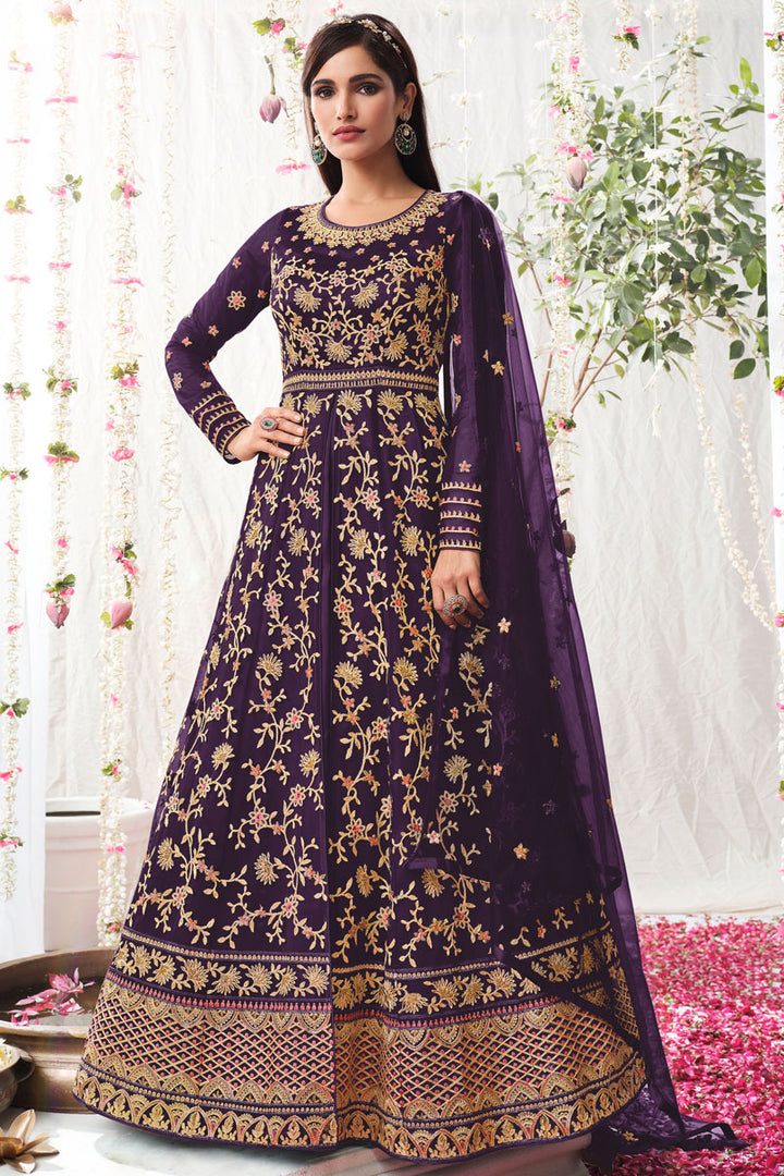 Sangeet Wear Net Fabric Purple Color Mesmeric Vartika Sing Anarkali Suit