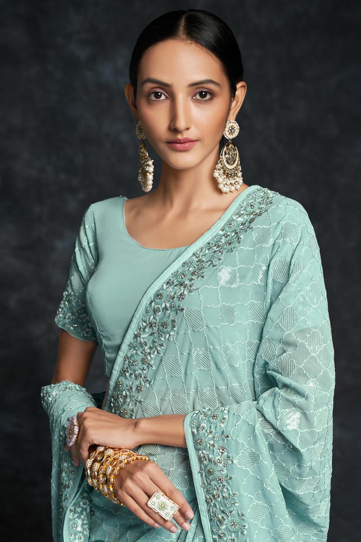Georgette Embroidered Classic Light Cyan Saree