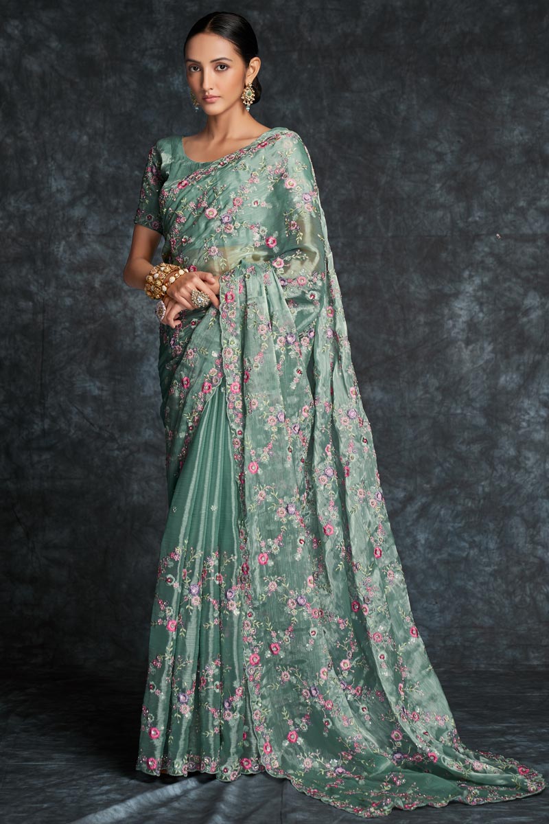 Embroidered Organza Sea Green Wedding Saree