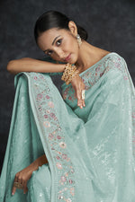 Load image into Gallery viewer, Cyan Color Georgette Embroidered Contemporary Style Saree
