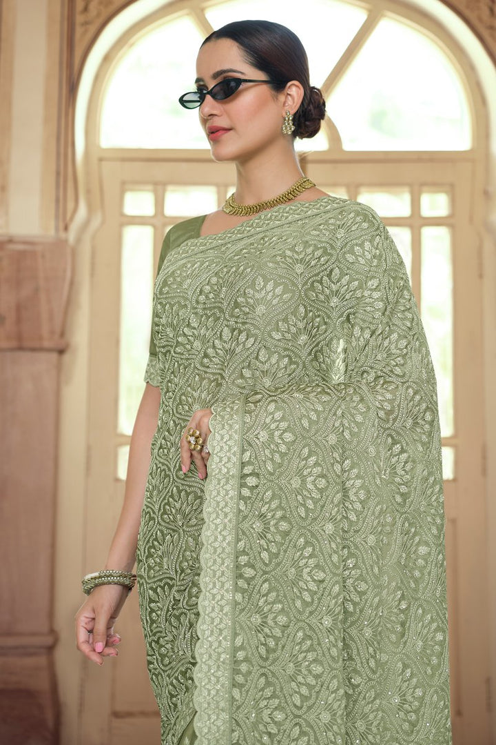 Embroidered Chiffon Fabric Sea Green Color Sangeet Wear Saree
