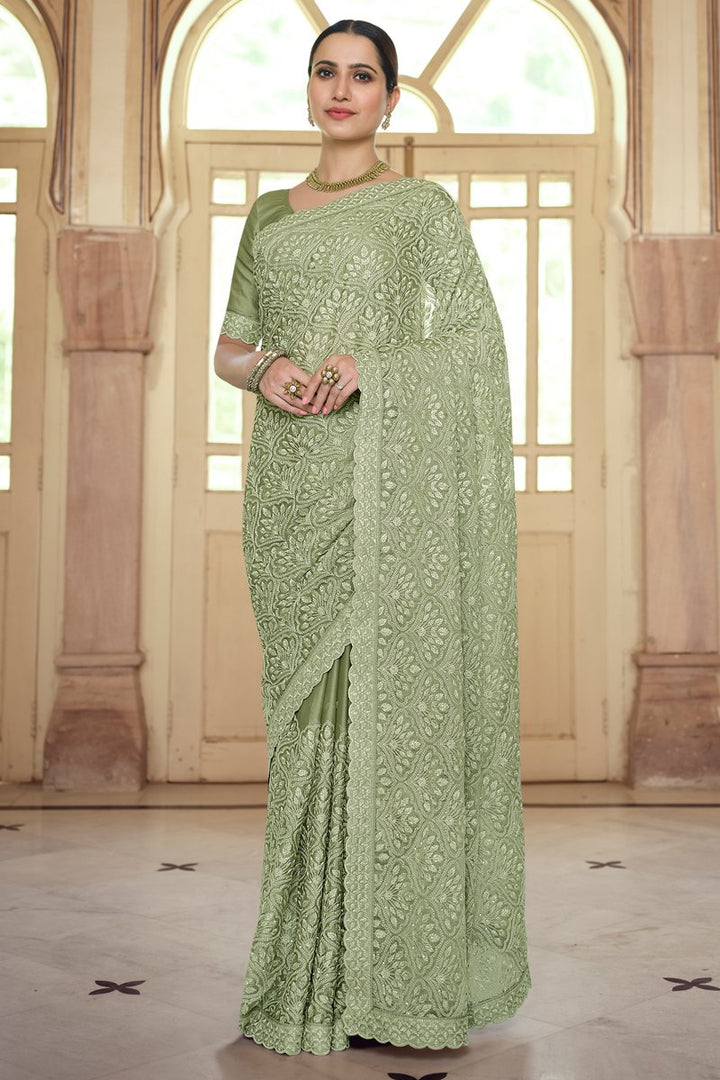Embroidered Chiffon Fabric Sea Green Color Sangeet Wear Saree
