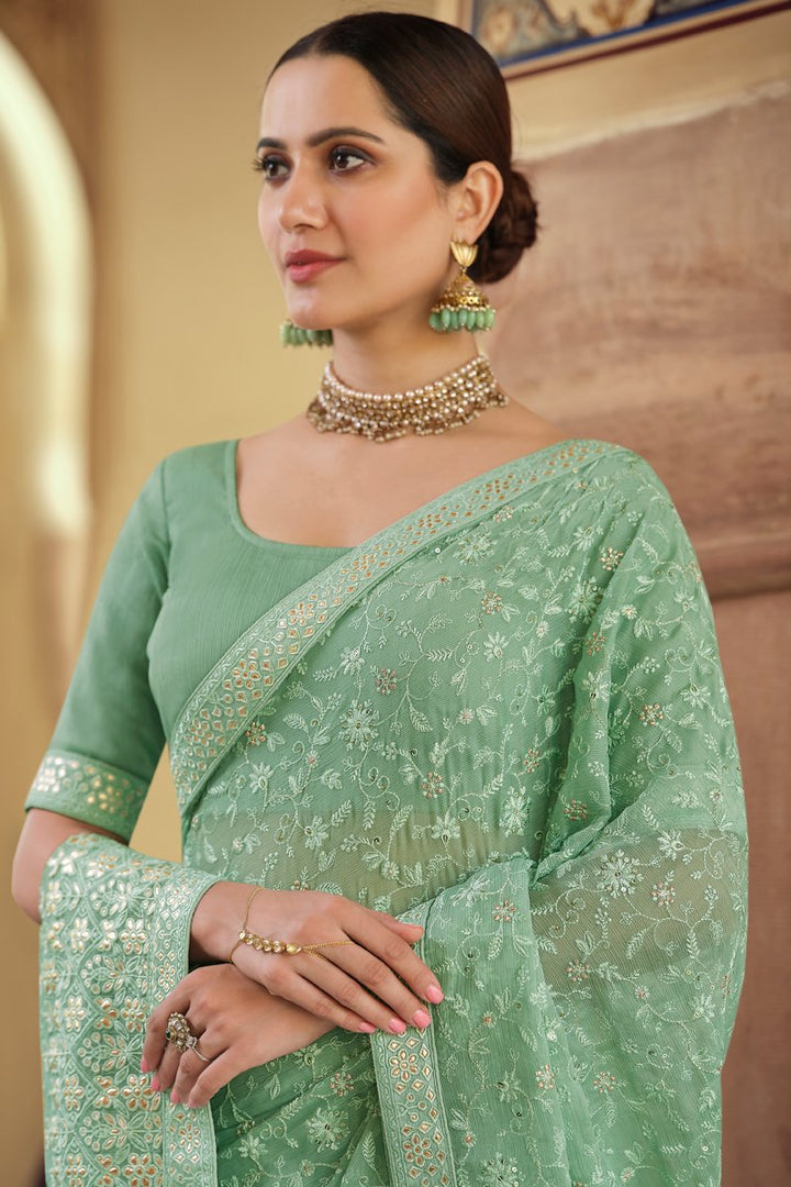 Sea Green Color Function Wear Designer Chiffon Fabric Embroidered Saree