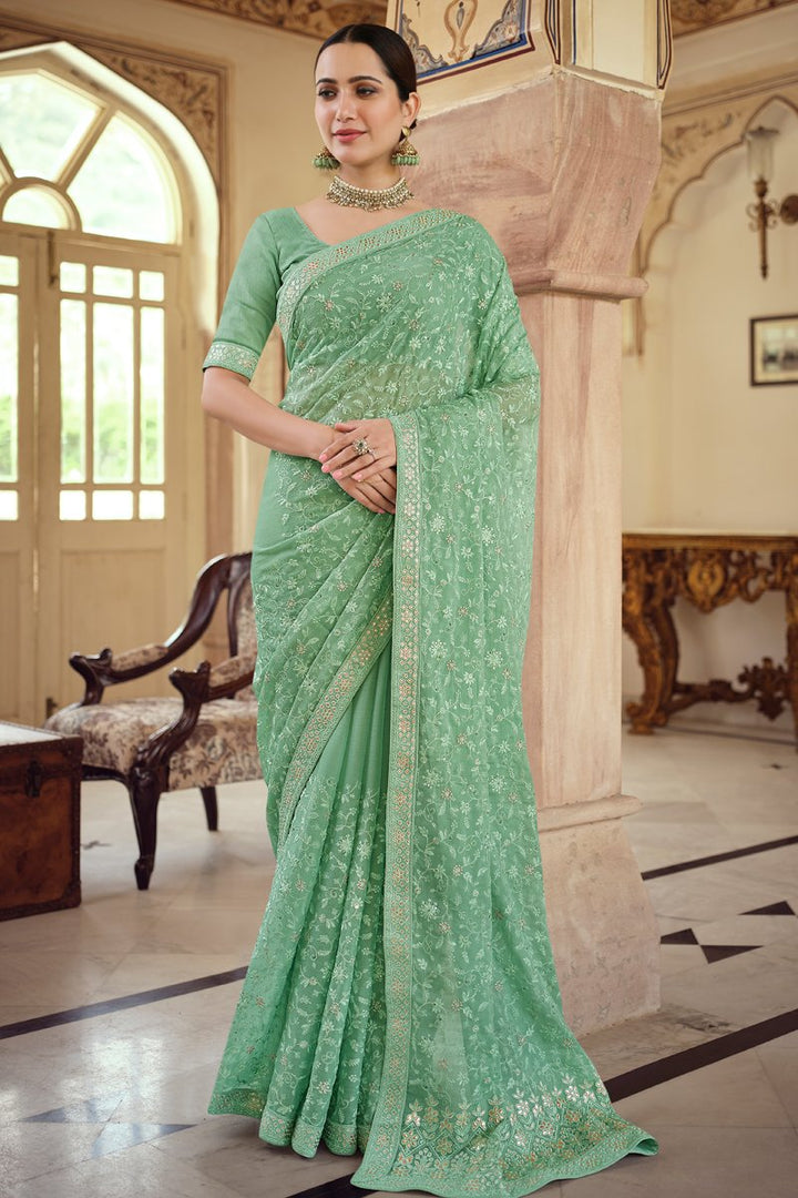 Sea Green Color Function Wear Designer Chiffon Fabric Embroidered Saree