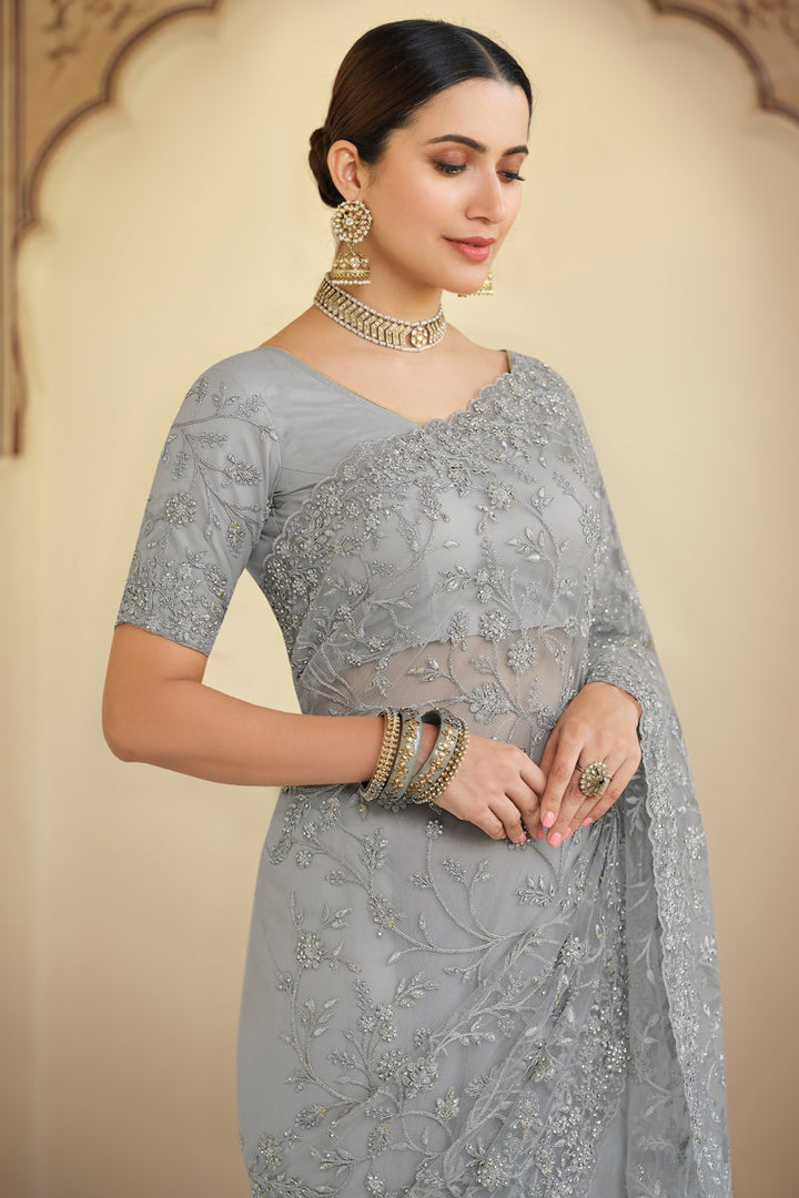 Party Wear Grey Color Chiffon Fabric Designer Embroidered Saree