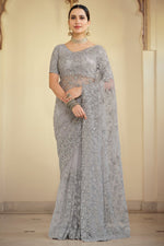 Load image into Gallery viewer, Party Wear Grey Color Chiffon Fabric Designer Embroidered Saree

