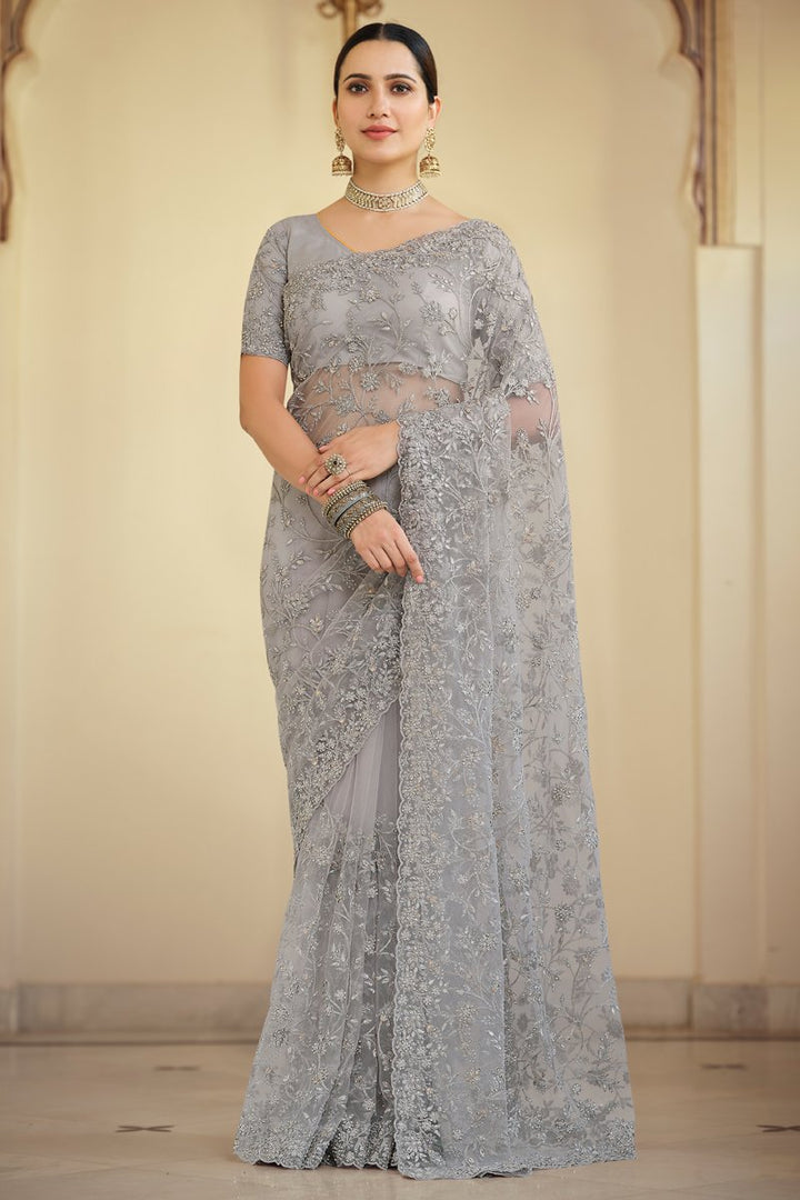Party Wear Grey Color Chiffon Fabric Designer Embroidered Saree