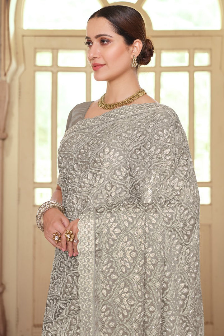 Grey Color Wedding Wear Designer Chiffon Fabric Embroidered Saree
