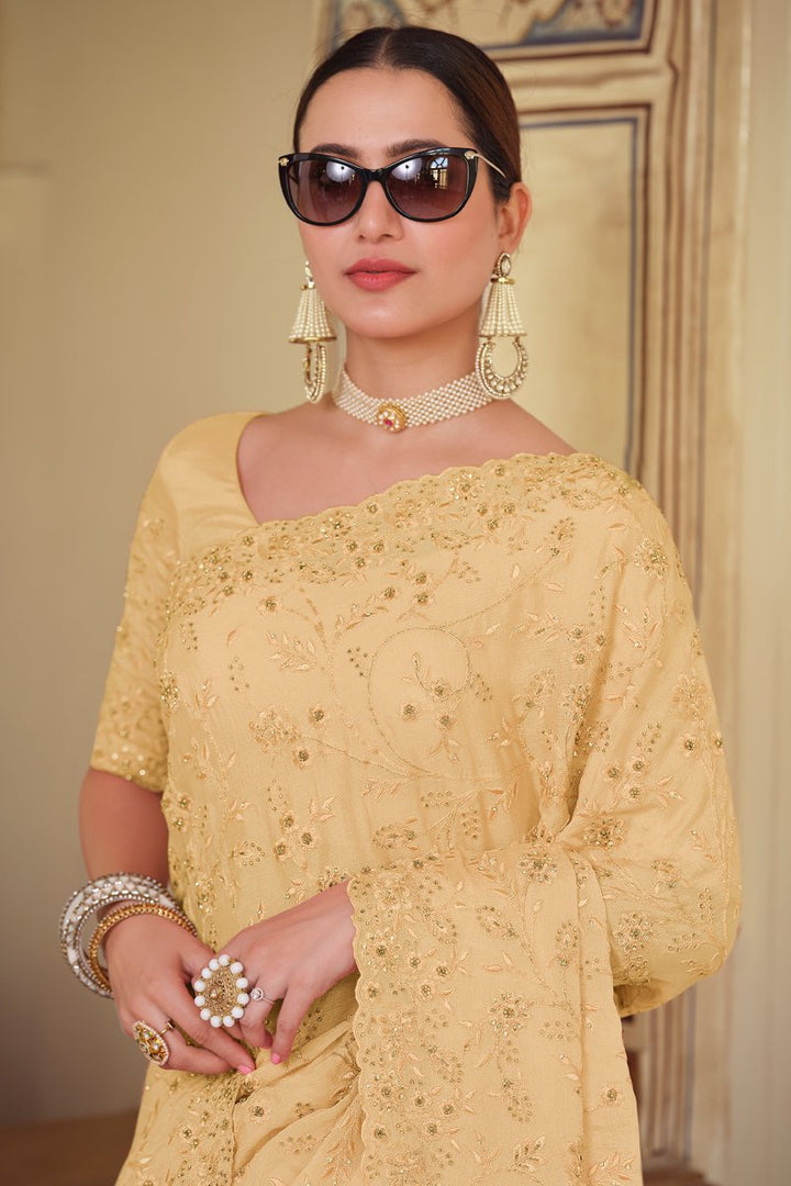 Beige Color Puja Wear Chiffon Fabric Designer Embroidered Saree