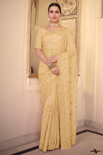 Load image into Gallery viewer, Beige Color Puja Wear Chiffon Fabric Designer Embroidered Saree

