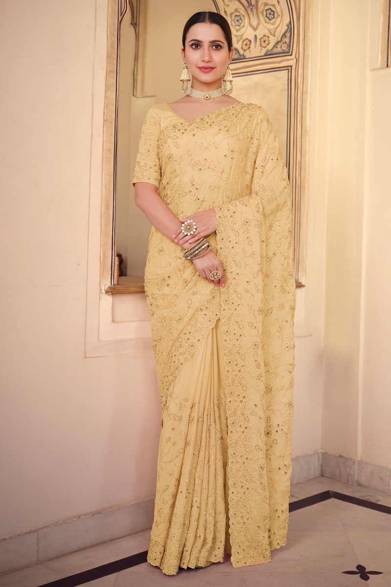 Beige Color Puja Wear Chiffon Fabric Designer Embroidered Saree