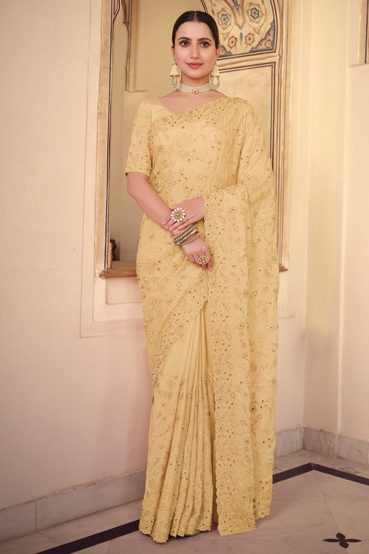 Beige Color Puja Wear Chiffon Fabric Designer Embroidered Saree