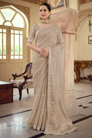 Festive Wear Beige Color Designer Net Fabric Embroidered Saree