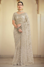 Load image into Gallery viewer, Beige Color Sangeet Wear Chiffon Fabric Designer Embroidered Saree

