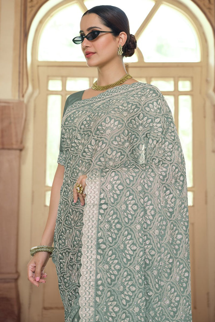 Chiffon Fabric Embroidered Reception Wear Trendy Saree In Grey Color