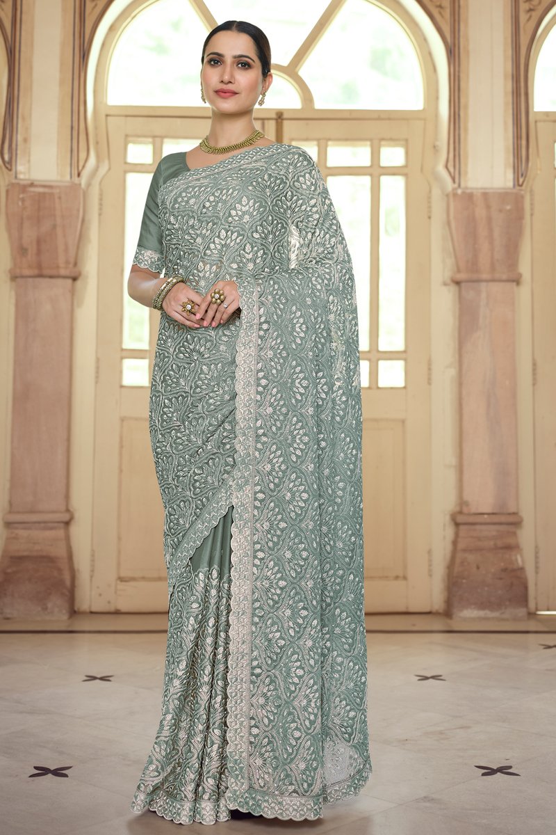 Chiffon Fabric Embroidered Reception Wear Trendy Saree In Grey Color