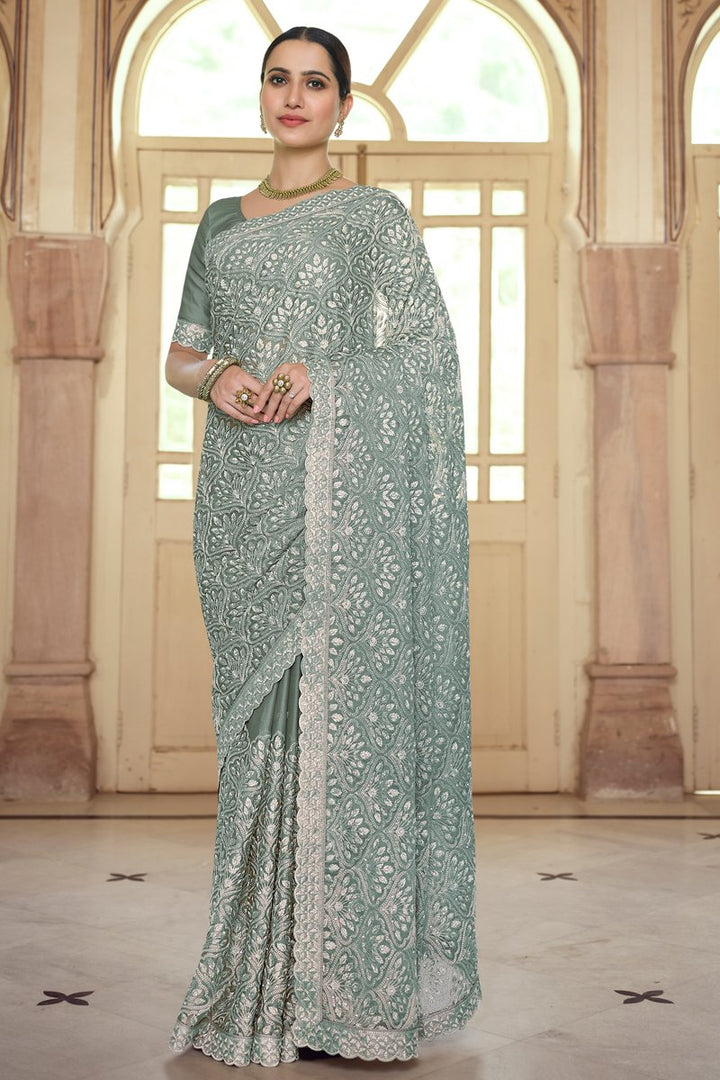 Chiffon Fabric Embroidered Reception Wear Trendy Saree In Grey Color