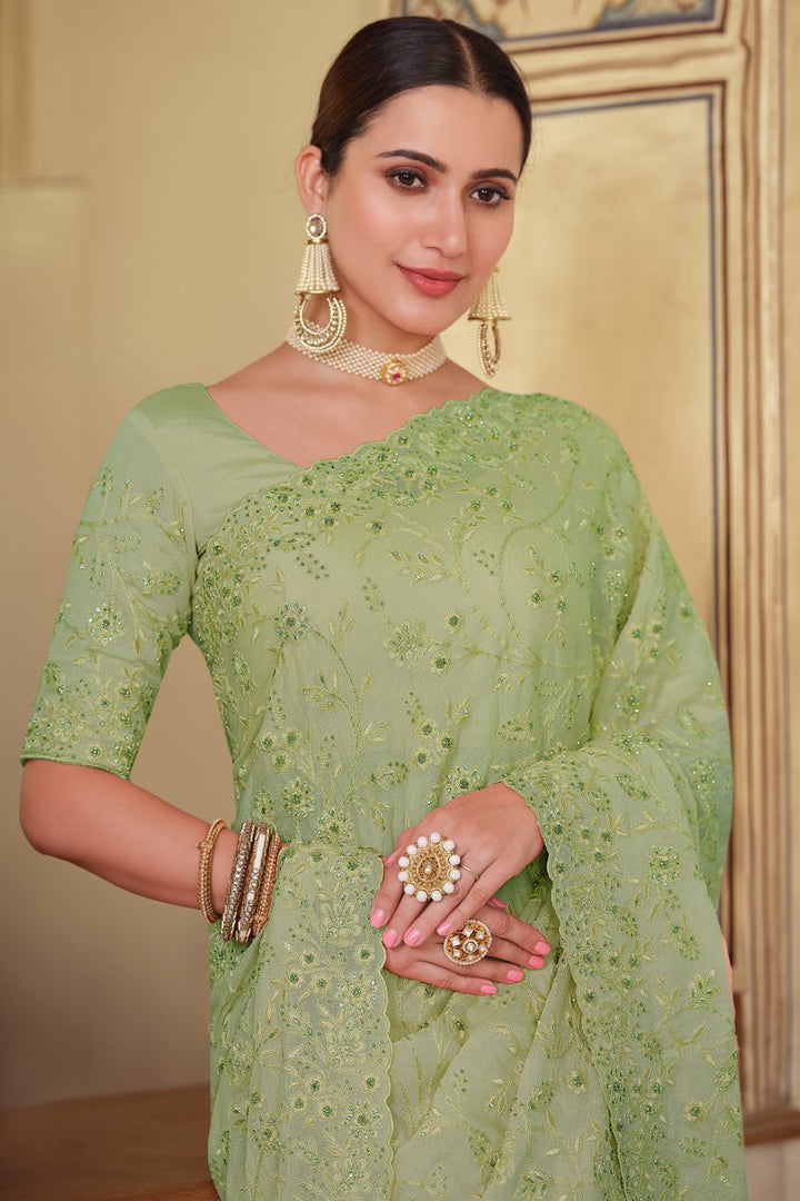 Sea Green Color Chiffon Fabric Designer Embroidered Function Wear Saree