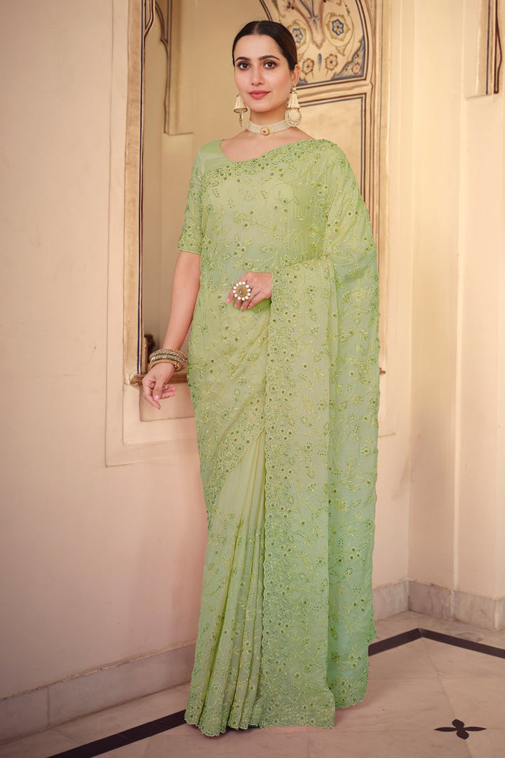 Sea Green Color Chiffon Fabric Designer Embroidered Function Wear Saree