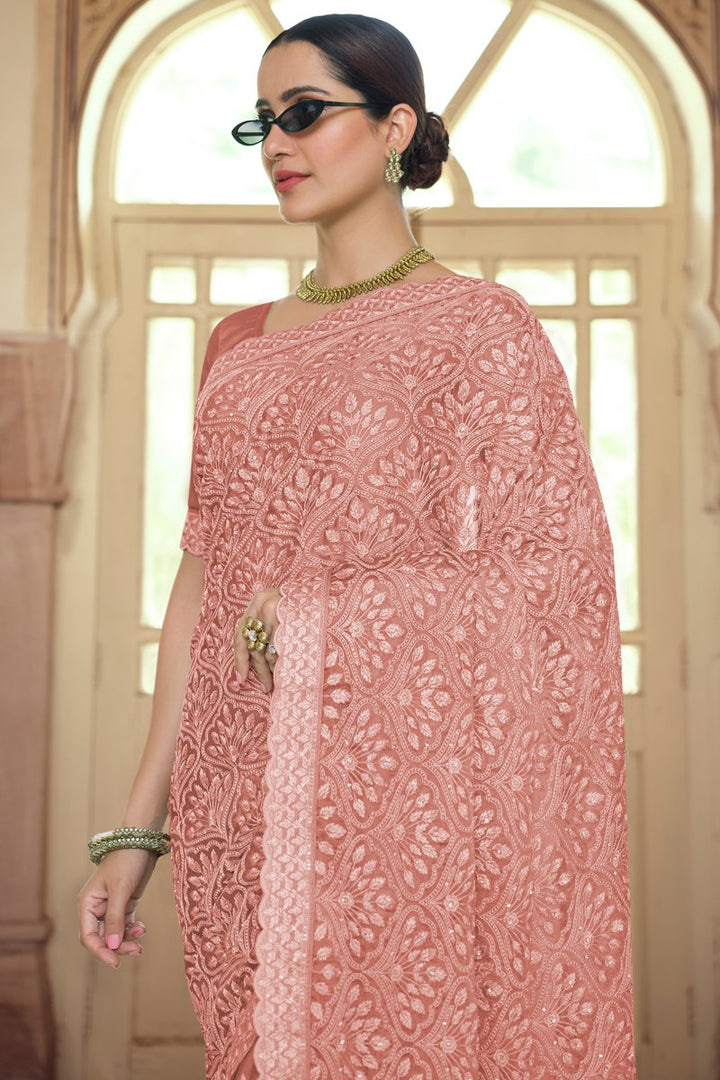Chiffon Fabric Designer Embroidered Sangeet Wear Saree In Pink Color