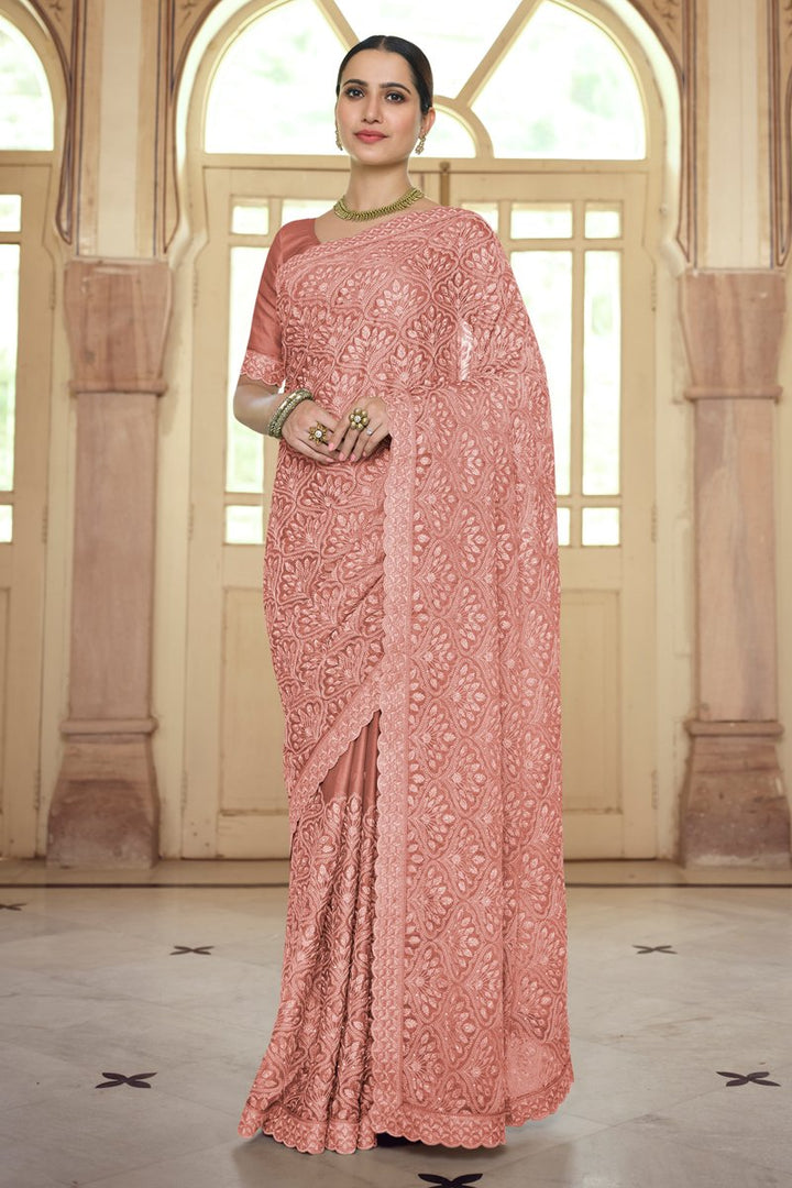 Chiffon Fabric Designer Embroidered Sangeet Wear Saree In Pink Color