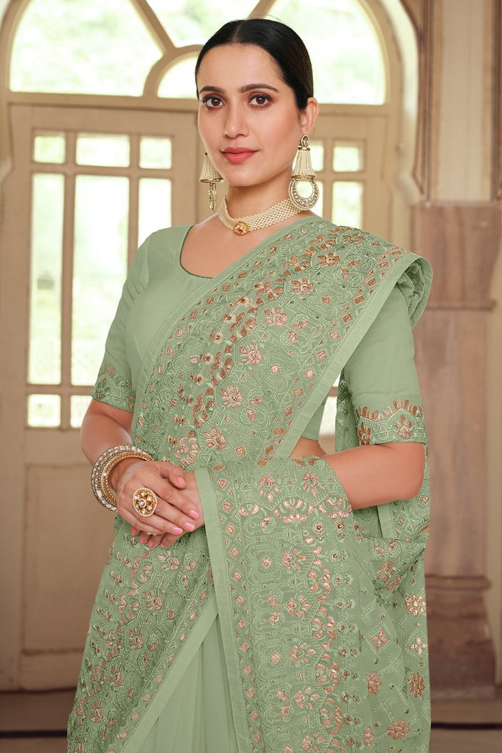 Sea Green Color Embroidered Wedding Wear Saree In Georgette Fabric