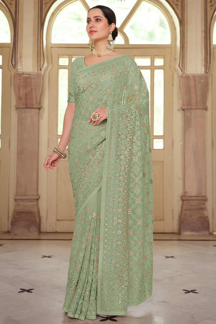 Sea Green Color Embroidered Wedding Wear Saree In Georgette Fabric