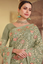Load image into Gallery viewer, Function Wear Chiffon Fabric Embroidered Sea Green Color Saree
