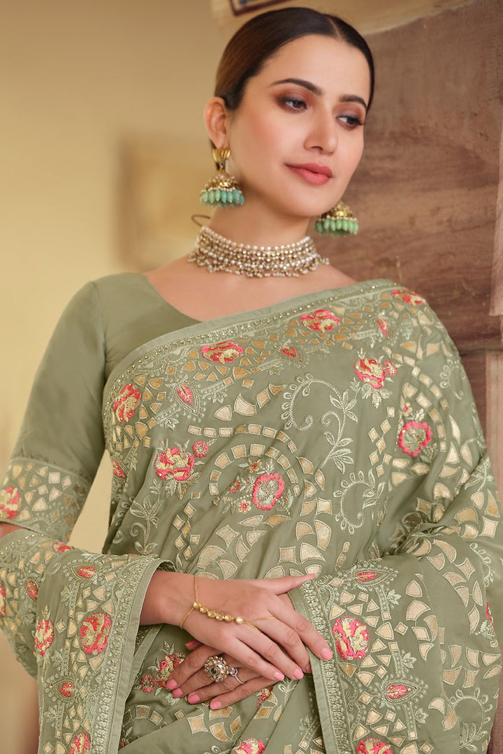 Function Wear Chiffon Fabric Embroidered Sea Green Color Saree