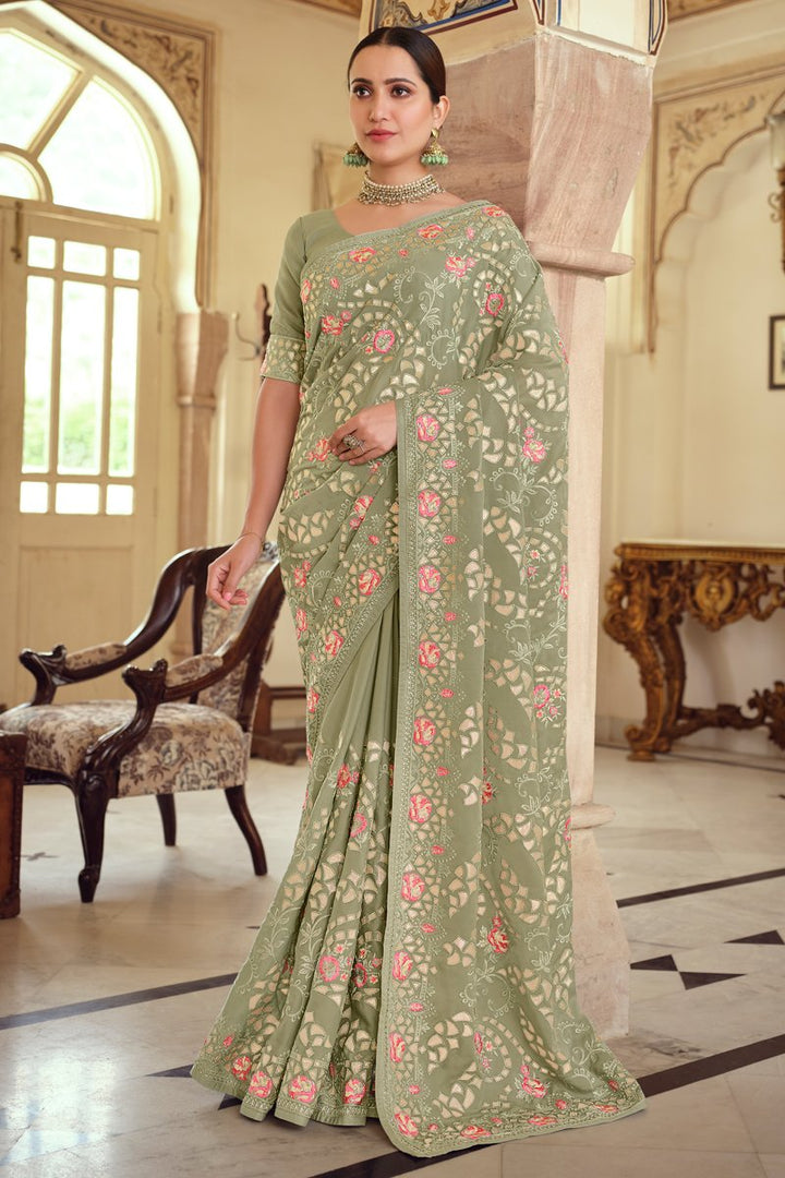 Function Wear Chiffon Fabric Embroidered Sea Green Color Saree