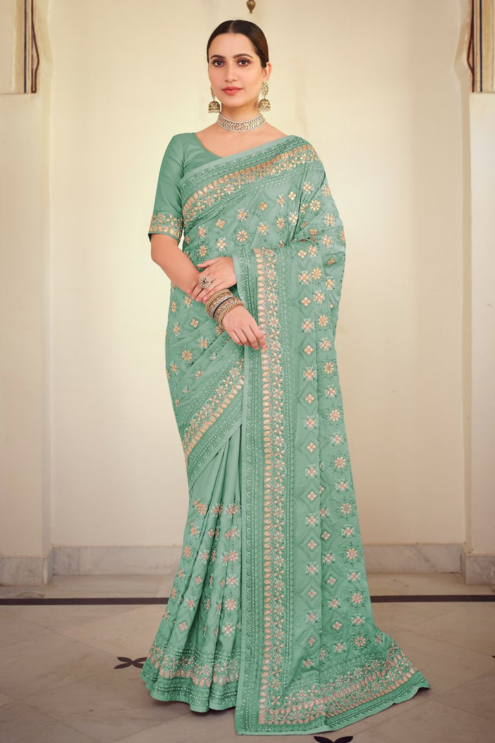 Cyan Color Georgette Fabric Embroidered Function Wear Stylish Saree